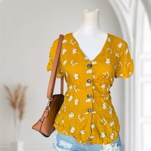 Floral Button-Up Mustard Top